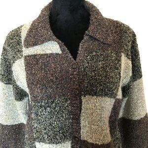 Dress Barn Color Block Cropped Cardigan Sweater: Quilt-Like Buttons Browns Small